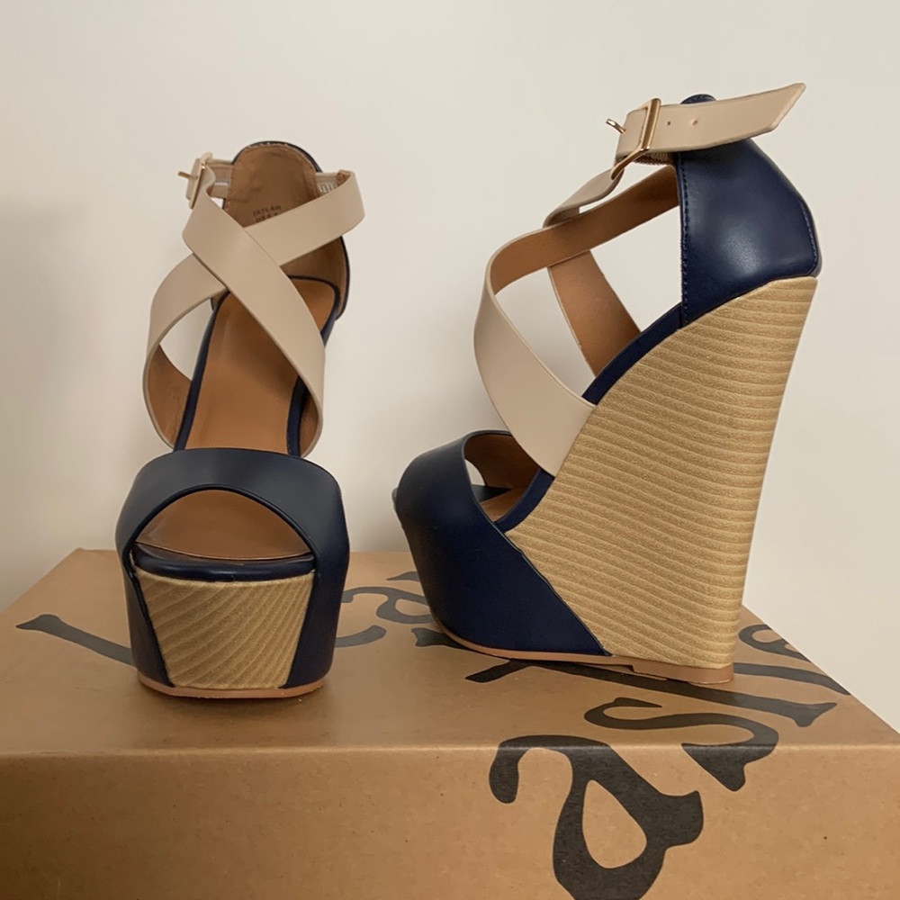 Blue and nude wedges